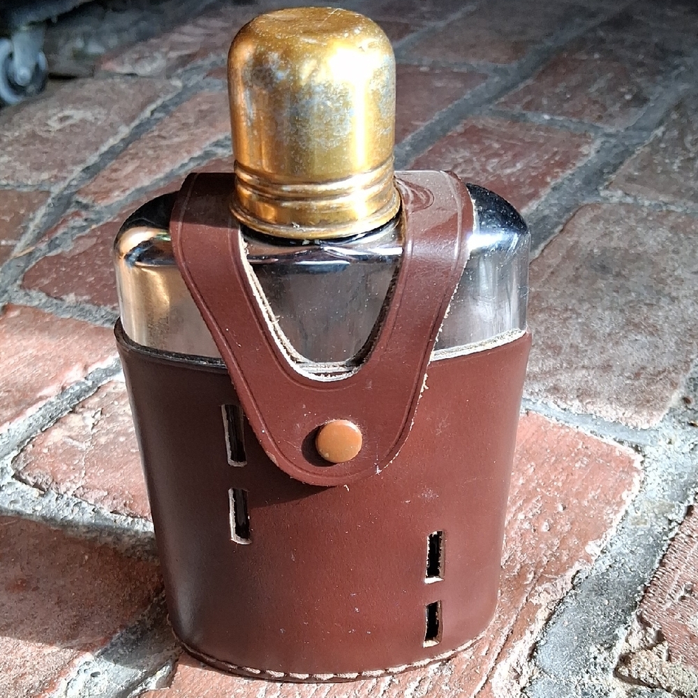 Vintage Griffon Hip Flask With Leather Cover And Metal Shot Cup